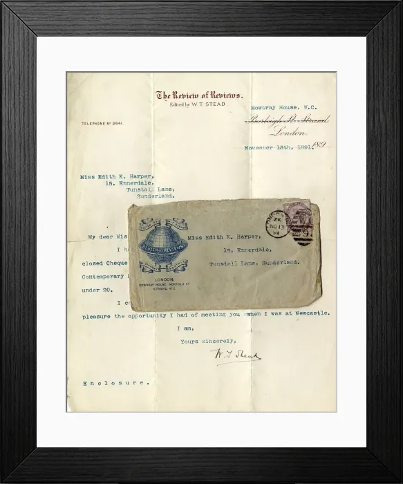 Framed Print : RMS Titanic - letter and envelope from W T Stead Framed Print : RMS Titanic - letter and envelope from W T Stead