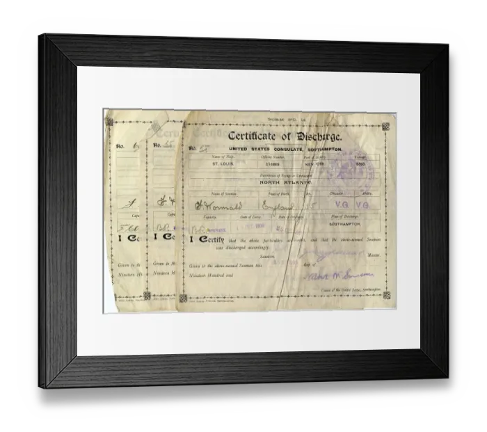 Framed Print : RMS Titanic - three certificates of discharge, Wormald Framed Print : RMS Titanic - three certificates of discharge, Wormald