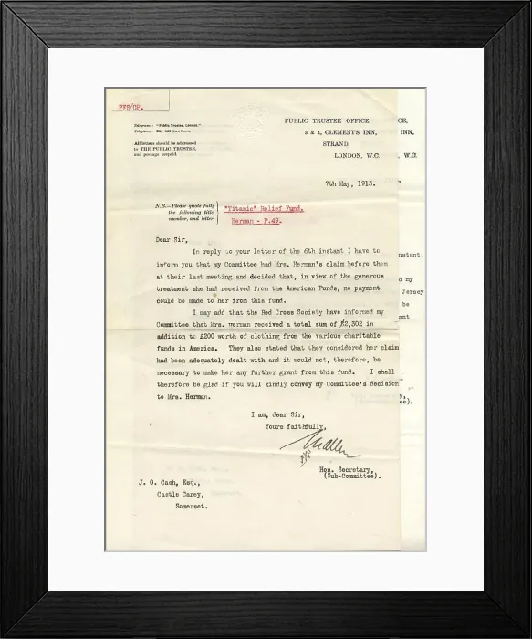Framed Print : RMS Titanic - compensation claim of Mrs Herman Framed Print : RMS Titanic - compensation claim of Mrs Herman