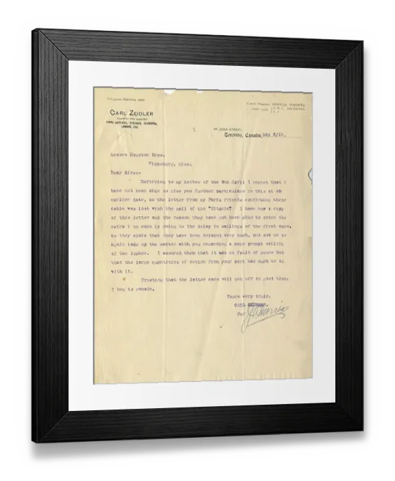 Framed Print : RMS Titanic - letter from Carl Zeidler of Toronto, Canada Framed Print : RMS Titanic - letter from Carl Zeidler of Toronto, Canada