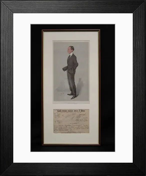 Framed Print : RMS Titanic - Marconi portrait with Carpathia telegram Framed Print : RMS Titanic - Marconi portrait with Carpathia telegram