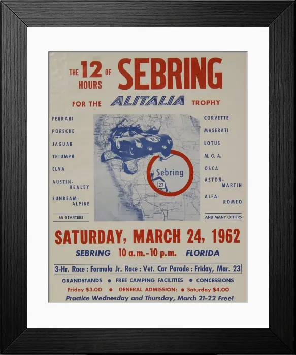 Framed Print : Poster, Sebring 24 March 1962 12 hour race, Florida, USA Framed Print : Poster, Sebring 24 March 1962 12 hour race, Florida, USA