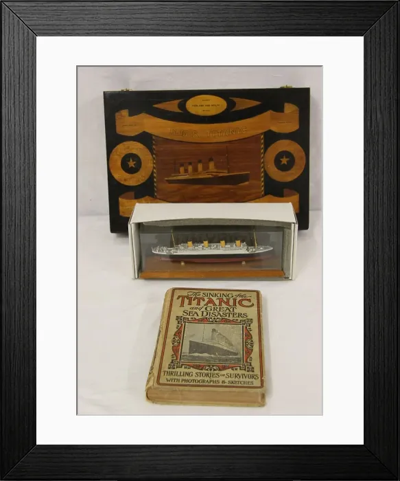 Framed Print : RMS Titanic - book, model and cutlery box Framed Print : RMS Titanic - book, model and cutlery box