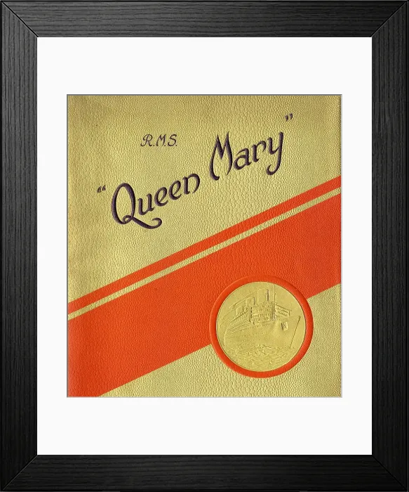 Framed Print : RMS Queen Mary - gilt cover promotional brochure Framed Print : RMS Queen Mary - gilt cover promotional brochure