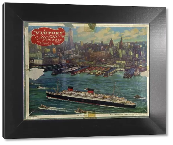 Jigsaw puzzle box lid, New York Harbour with ship, USA