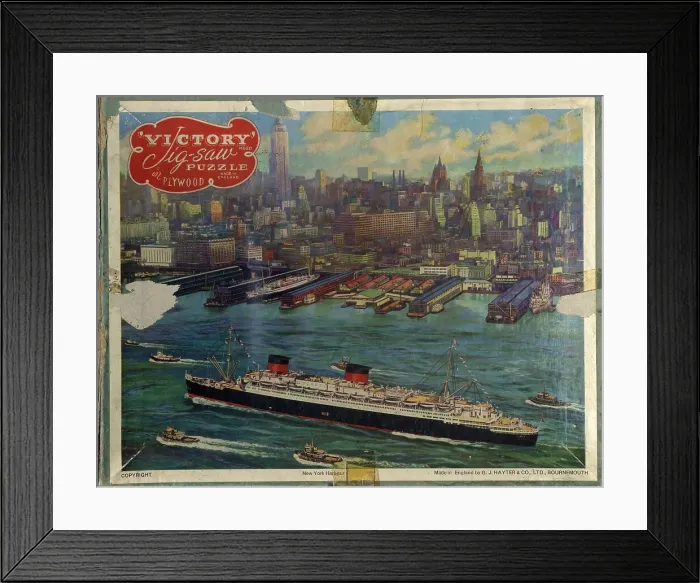 Framed Print : Jigsaw puzzle box lid, New York Harbour with ship, USA Framed Print : Jigsaw puzzle box lid, New York Harbour with ship, USA