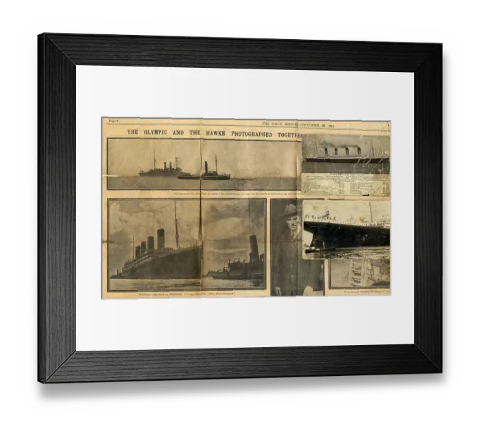 Framed Print : RMS Olympic and HMS Hawke, Daily Mirror cuttings Framed Print : RMS Olympic and HMS Hawke, Daily Mirror cuttings