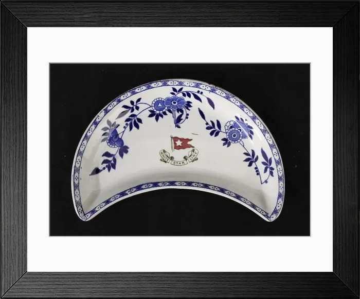 Framed Print : White Star Line - Delft pattern crescent dish Framed Print : White Star Line - Delft pattern crescent dish