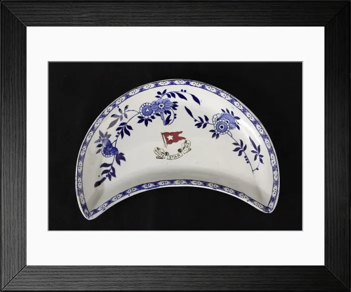 Framed Print : White Star Line - Delft pattern crescent dish Framed Print : White Star Line - Delft pattern crescent dish