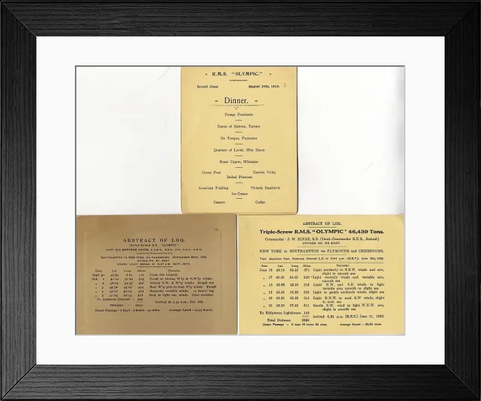 Framed Print : RMS Olympic - dinner menu, abstract of log cards Framed Print : RMS Olympic - dinner menu, abstract of log cards
