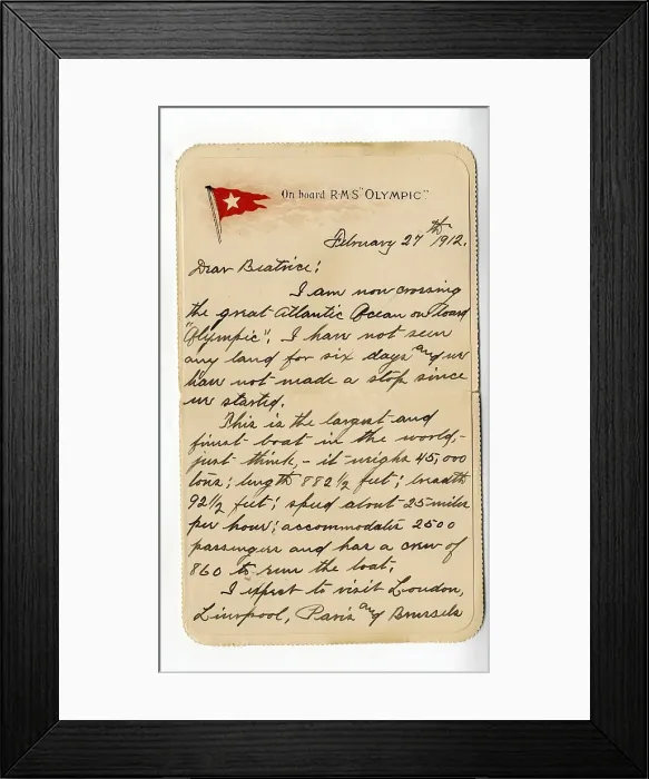 Framed Print : RMS Olympic - on board letter card Framed Print : RMS Olympic - on board letter card