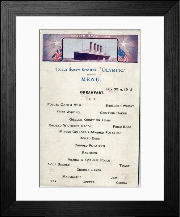 Framed Print : White Star Line, RMS Olympic - breakfast menu Framed Print : White Star Line, RMS Olympic - breakfast menu