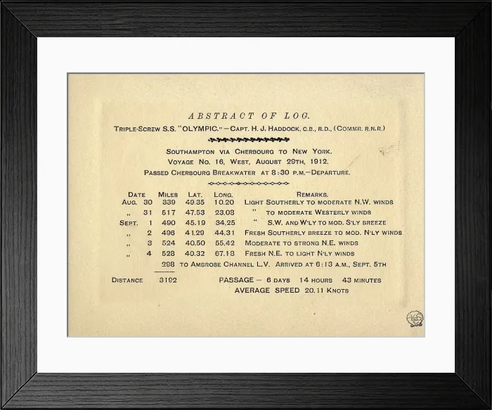 Framed Print : White Star Line, RMS Olympic - abstract of log Framed Print : White Star Line, RMS Olympic - abstract of log