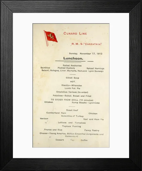 Framed Print : Cunard Line, RMS Carpathia - luncheon menu Framed Print : Cunard Line, RMS Carpathia - luncheon menu