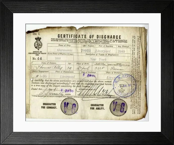 Framed Print : Certificate of Discharge, Liverpool, Thomas Riley Framed Print : Certificate of Discharge, Liverpool, Thomas Riley