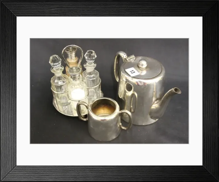 Framed Print : Silver plated cruet, teapot and sugar bowl Framed Print : Silver plated cruet, teapot and sugar bowl