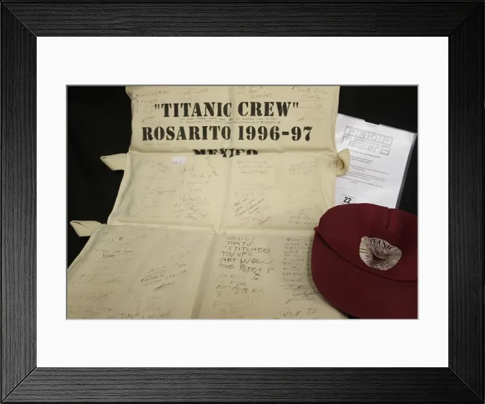 Framed Print : RMS Titanic film, life jacket and baseball cap Framed Print : RMS Titanic film, life jacket and baseball cap