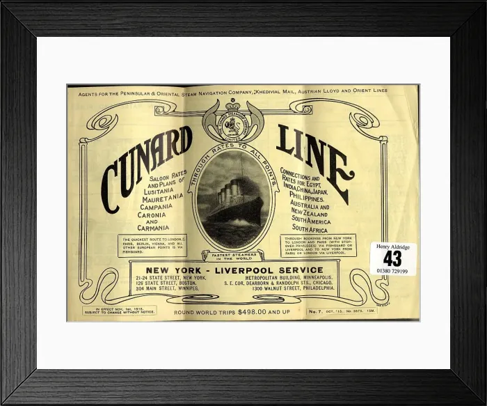 Framed Print : Cunard Line, New York to Liverpool rates and plans Framed Print : Cunard Line, New York to Liverpool rates and plans