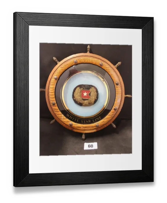 Framed Print : White Star Line, embroidered badge in oak frame Framed Print : White Star Line, embroidered badge in oak frame