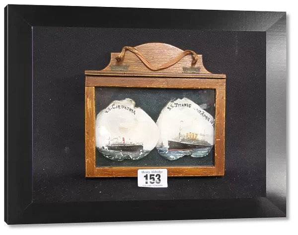 Carpathia and Titanic - decorated shells in oak frame