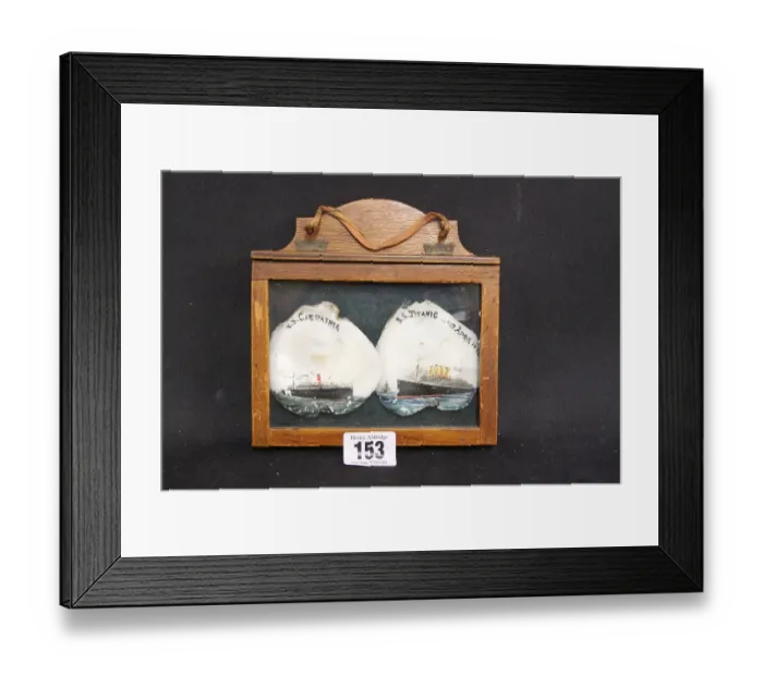 Framed Print : Carpathia and Titanic - decorated shells in oak frame Framed Print : Carpathia and Titanic - decorated shells in oak frame