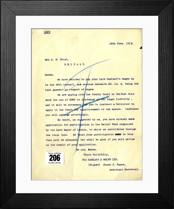 Framed Print : Harland & Wolff letter to Mrs A W Frost Framed Print : Harland & Wolff letter to Mrs A W Frost