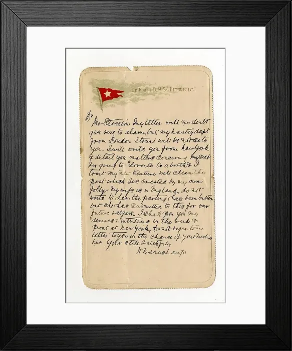Framed Print : White Star Line, Titanic lettercard written on board Framed Print : White Star Line, Titanic lettercard written on board