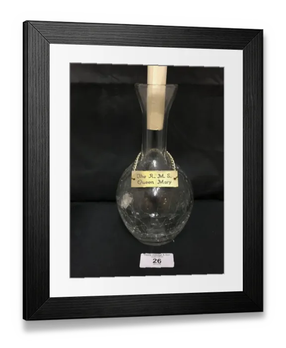 Framed Print : RMS Queen Mary, crackle glass carafe with plaque Framed Print : RMS Queen Mary, crackle glass carafe with plaque