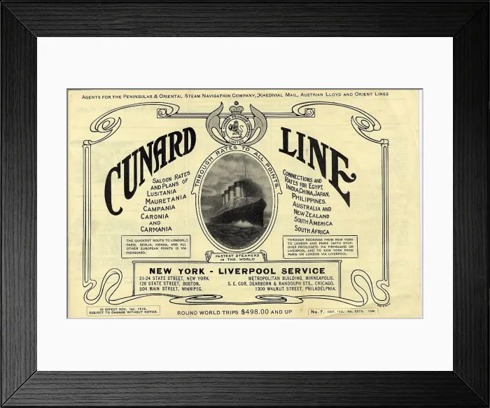 Framed Print : Cunard Line, New York to Liverpool rates and plans Framed Print : Cunard Line, New York to Liverpool rates and plans