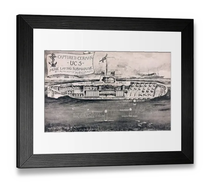 Framed Print : RMS Lusitania - captured German UC5 submarine. WW1 Framed Print : RMS Lusitania - captured German UC5 submarine. WW1