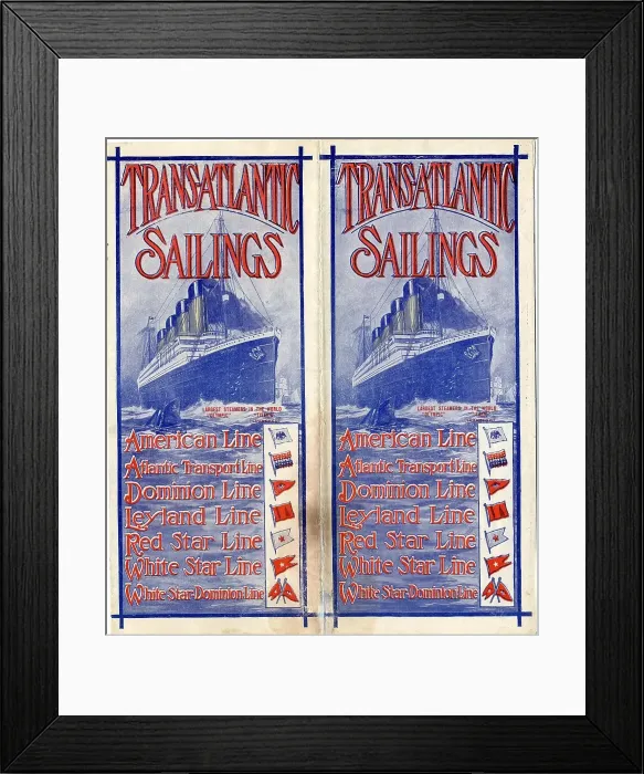 Framed Print : Transatlantic Sailings leaflet, various shipping lines Framed Print : Transatlantic Sailings leaflet, various shipping lines