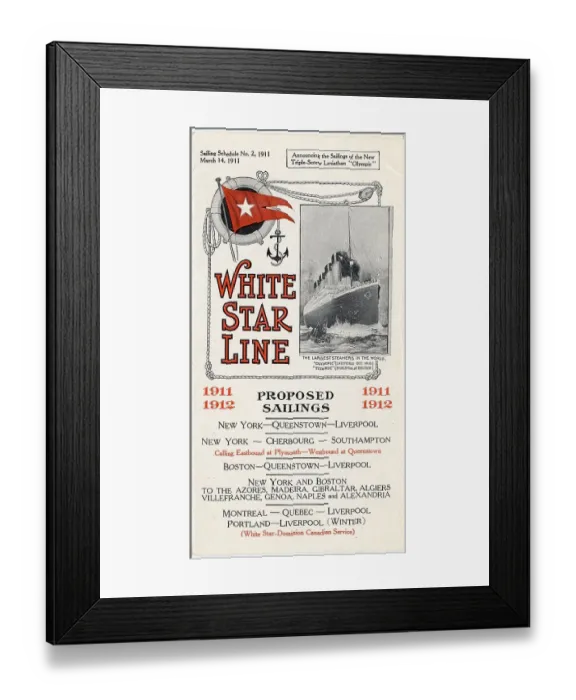 Framed Print : White Star Line, RMS Olympic, Proposed Sailings Framed Print : White Star Line, RMS Olympic, Proposed Sailings