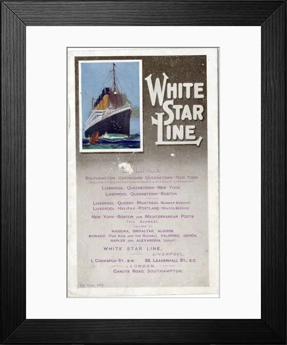 Framed Print : White Star Line, schedule of sailings Framed Print : White Star Line, schedule of sailings