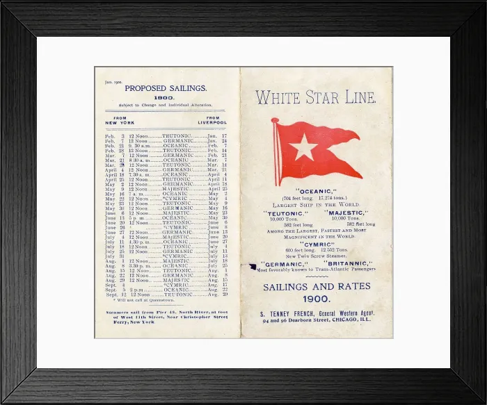 Framed Print : White Star Line, Proposed Sailings, foldout brochure Framed Print : White Star Line, Proposed Sailings, foldout brochure