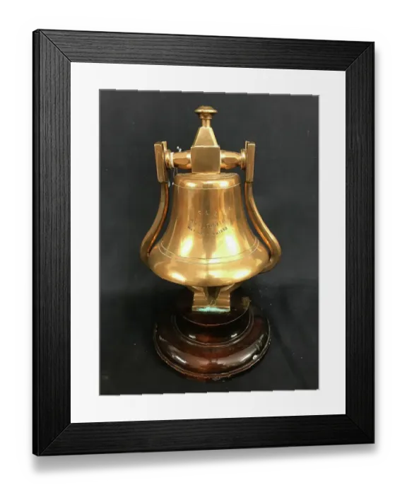 Framed Print : Cunard Line, RMS Aquitania - brass bell on stand Framed Print : Cunard Line, RMS Aquitania - brass bell on stand