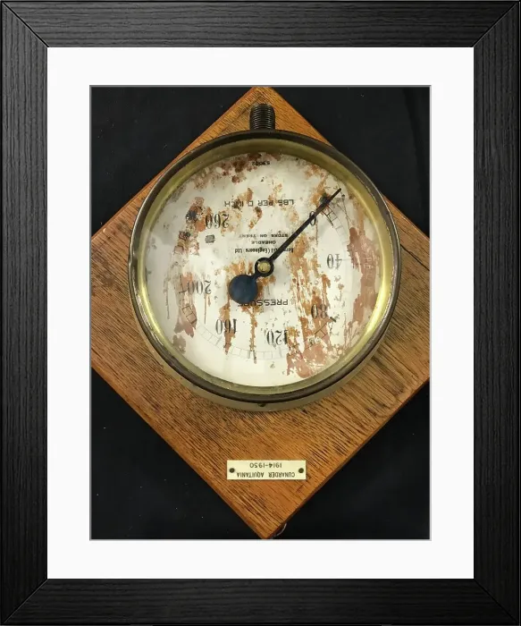 Framed Print : Cunard Line, RMS Aquitania - brass pressure gauge Framed Print : Cunard Line, RMS Aquitania - brass pressure gauge