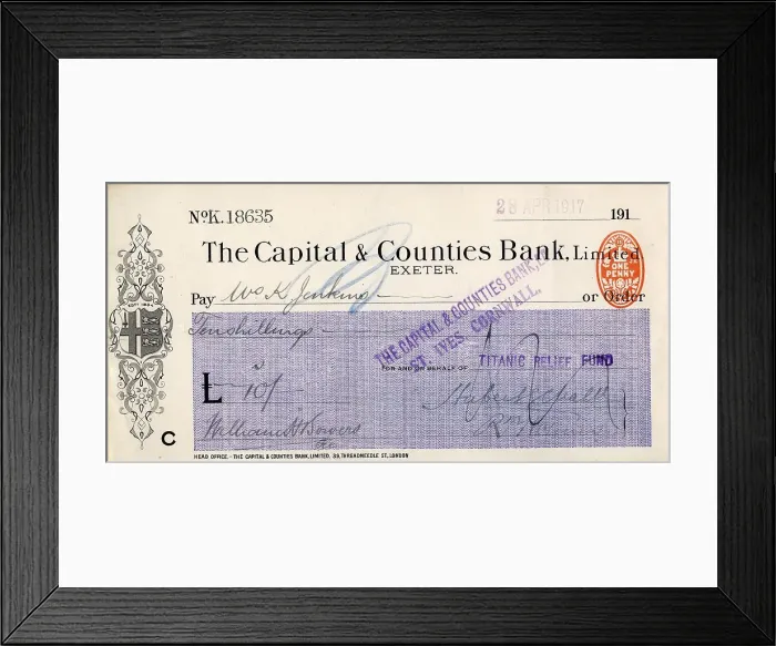 Framed Print : RMS Titanic - Relief Fund cheque, Mrs K Jenkins Framed Print : RMS Titanic - Relief Fund cheque, Mrs K Jenkins