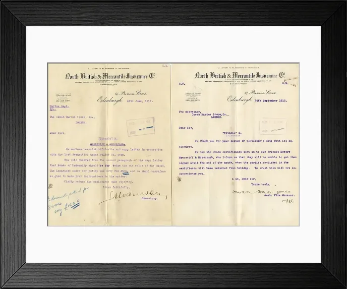 Framed Print : RMS Titanic - two insurance company letters Framed Print : RMS Titanic - two insurance company letters