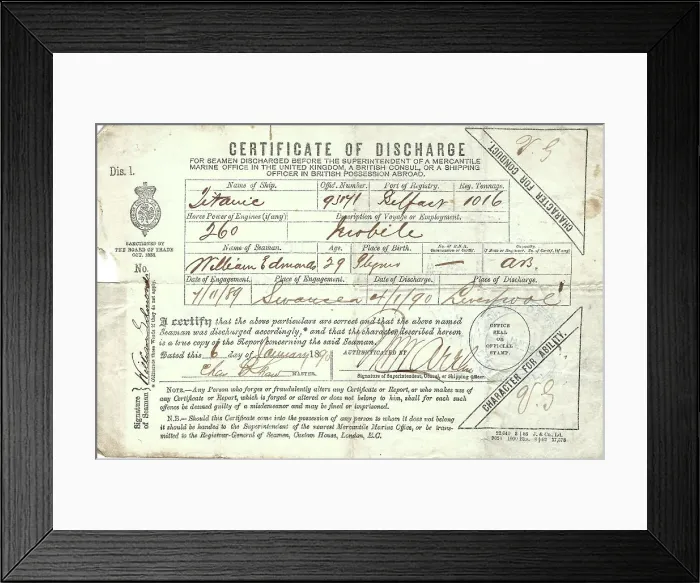 Framed Print : Earlier Titanic, Certificate of Discharge, William Edwards Framed Print : Earlier Titanic, Certificate of Discharge, William Edwards