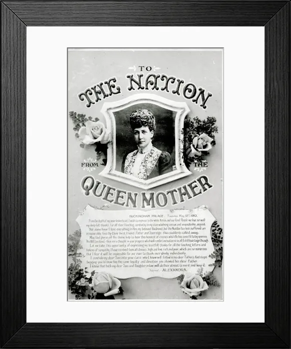 Framed Print : A Message to the Nation from The Queen Mother, 1910 Framed Print : A Message to the Nation from The Queen Mother, 1910