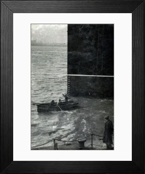 Framed Print : Three men in a rowing boat dwarfed next to prow of a steamer Framed Print : Three men in a rowing boat dwarfed next to prow of a steamer