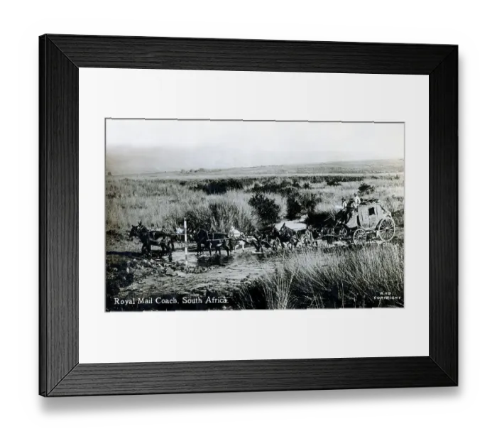Framed Print : Ten-horse Royal Mail Coach fording a stream - South Africa Framed Print : Ten-horse Royal Mail Coach fording a stream - South Africa