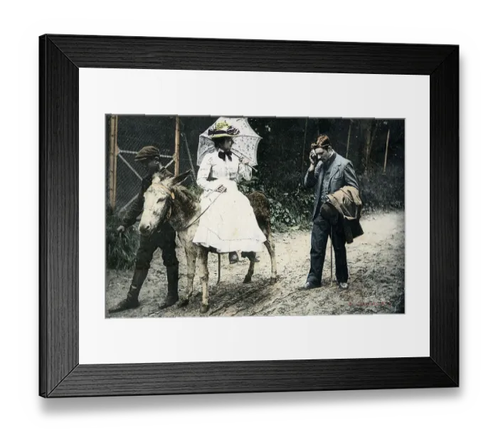 Framed Print : Lady riding side-saddle on a donkey Framed Print : Lady riding side-saddle on a donkey