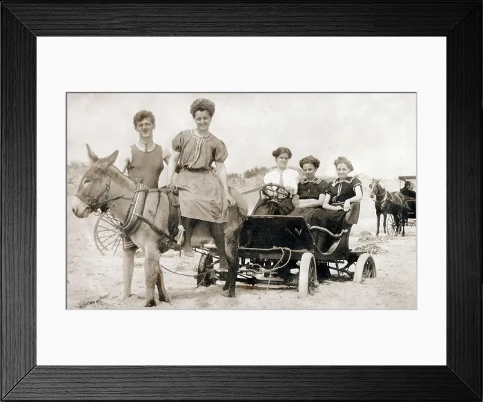 Framed Print : Seaside donkey pulling a car across Block Island beach, USA Framed Print : Seaside donkey pulling a car across Block Island beach, USA