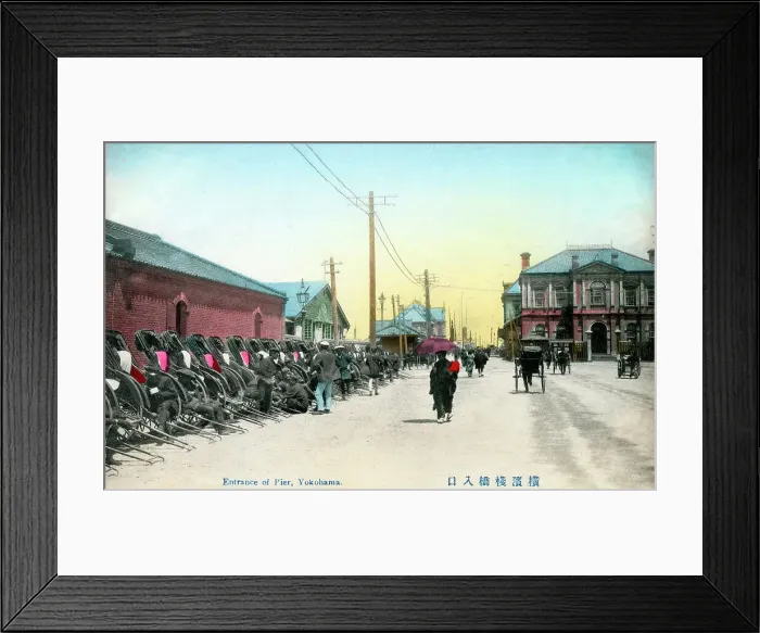 Framed Print : Ranks of Rickshaws - Entrance to the Harbour Pier, Yokohama Framed Print : Ranks of Rickshaws - Entrance to the Harbour Pier, Yokohama