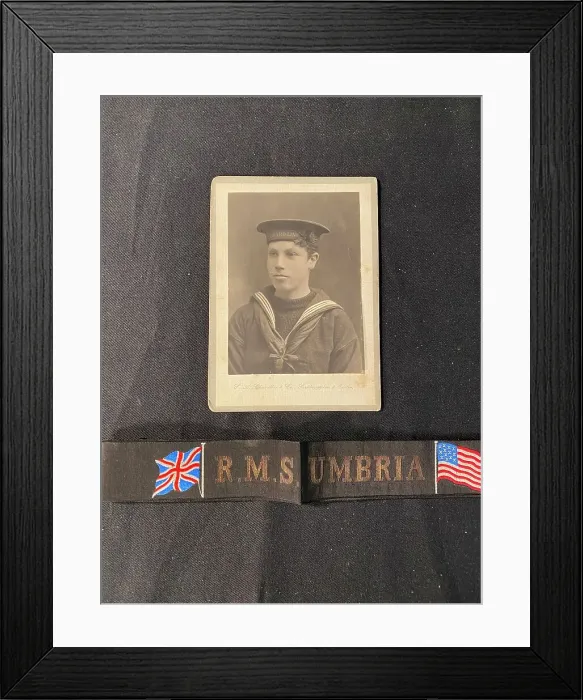 Framed Print : Cunard Line, RMS Umbria - gala night ribbon and photo Framed Print : Cunard Line, RMS Umbria - gala night ribbon and photo