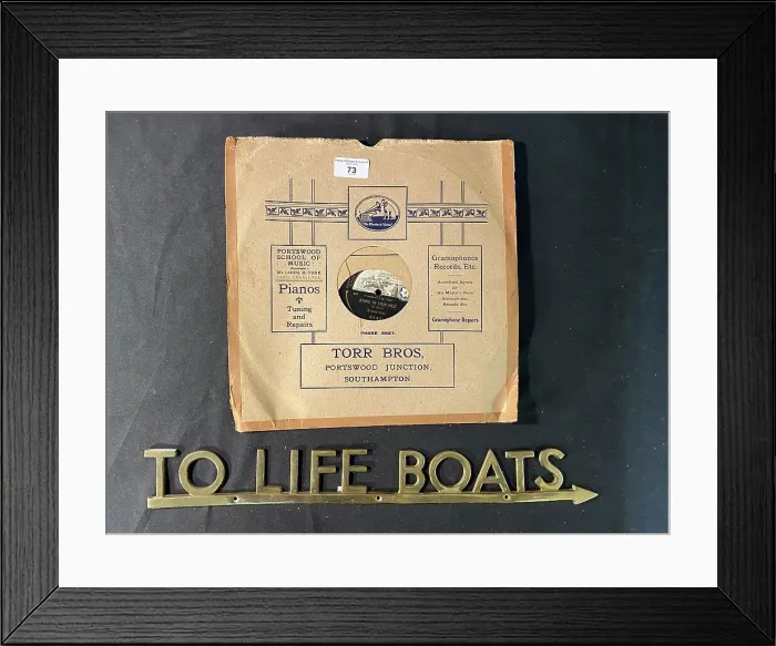 Framed Print : HMV 78rpm record, and brass To Life Boats sign Framed Print : HMV 78rpm record, and brass To Life Boats sign