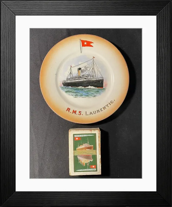 Framed Print : White Star Line - RMS Laurentic plate, pack of playing cards Framed Print : White Star Line - RMS Laurentic plate, pack of playing cards