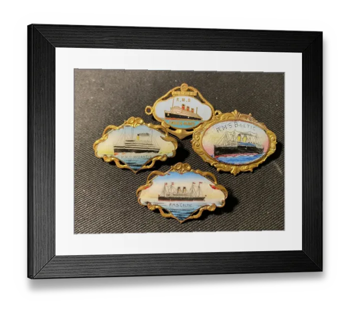 Framed Print : White Star Line and Cunard - souvenir brooches Framed Print : White Star Line and Cunard - souvenir brooches