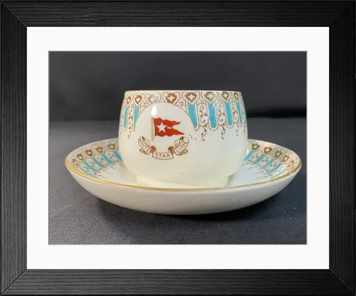 Framed Print : White Star Line - Wisteria pattern coffee cup and saucer Framed Print : White Star Line - Wisteria pattern coffee cup and saucer